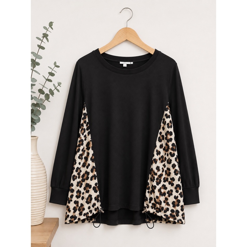 Chicos Black Leopard Print Contrast Panel Bungee Hem Sweatshirt Top Size 3 XL